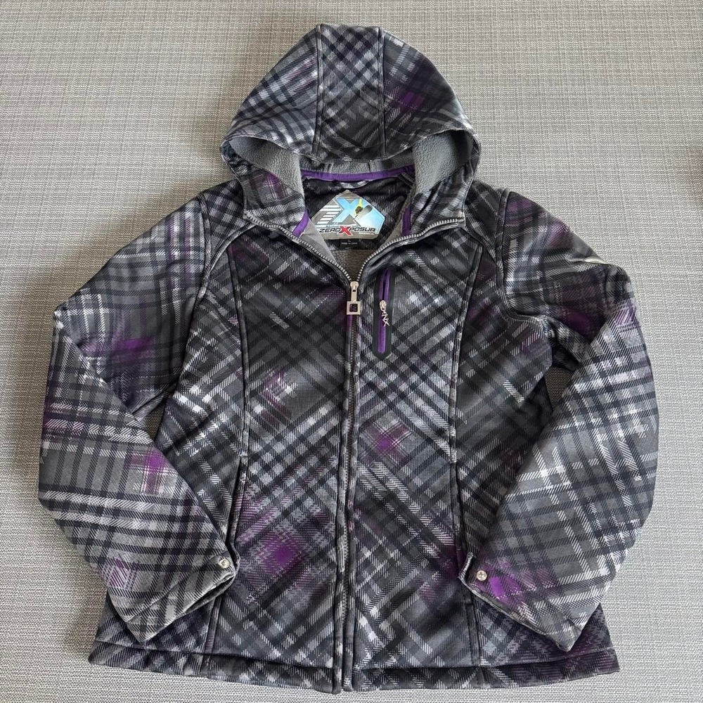 ZeroXposur gray and purple plaid zip up women's jacket with hood